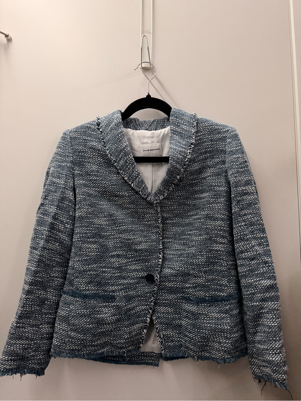 Club Monaco Women's Blue-White Tweed Blazer with Frayed Trim